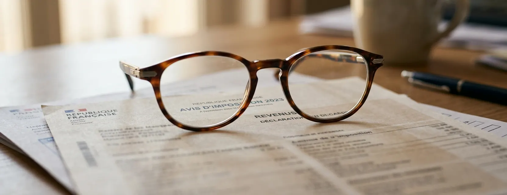 Avis d’imposition et lunettes de lecture posés sur une table