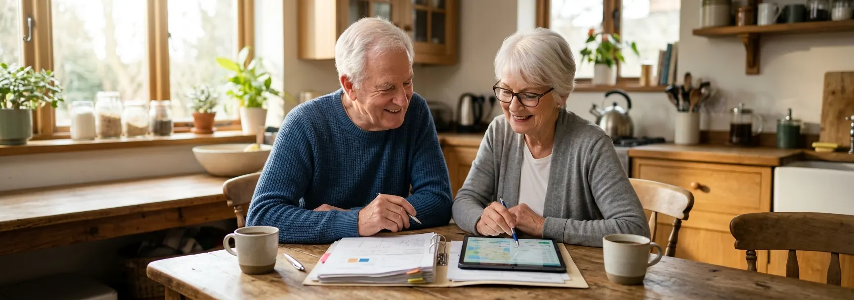 Couple de seniors préparant leur dossier MaPrimeAdapt’ à la table de la cuisine
