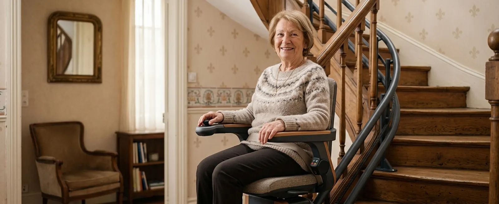 Dame assise sur un monte-escalier tournant