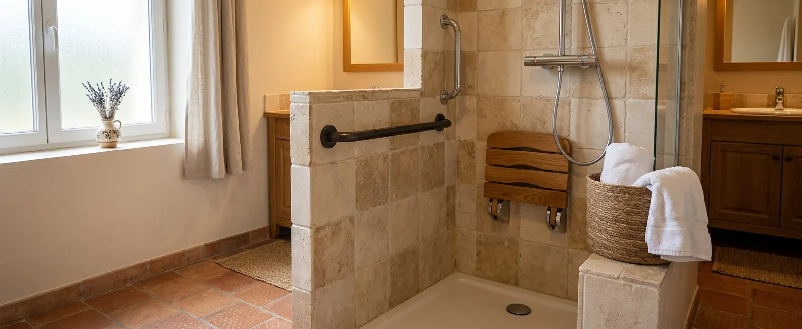 Douche adaptée avec siège en bois et barres d’appui dans une salle de bain lumineuse