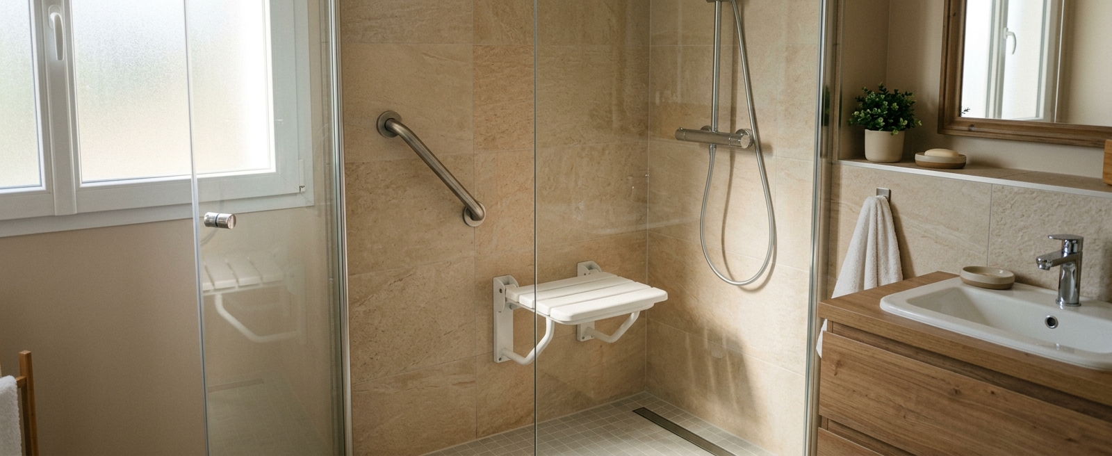 Douche avec siège rabattable blanc et barre d’appui