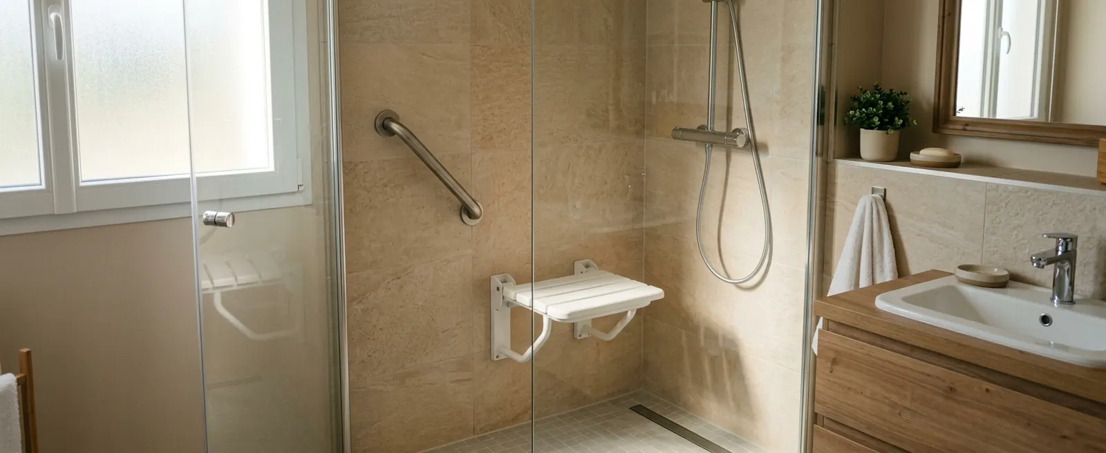Douche de plain-pied avec siège rabattable et barre d’appui