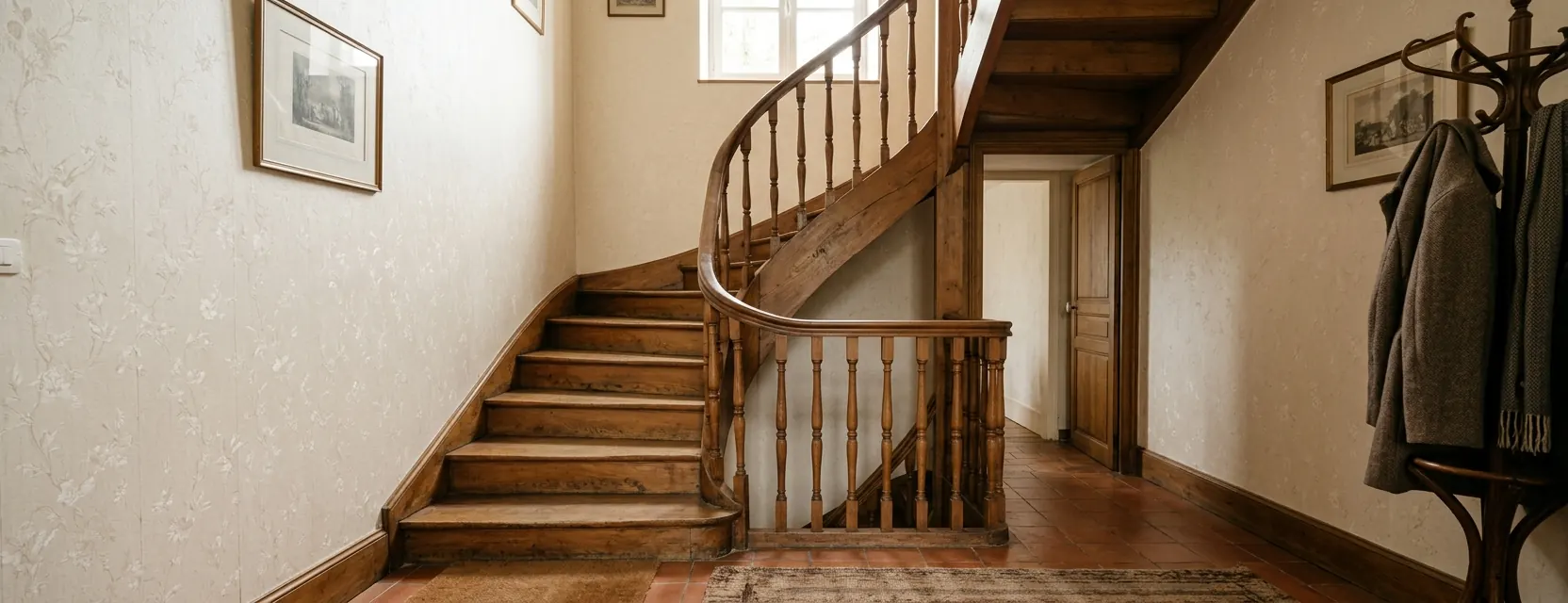 Escalier tournant en bois d’une maison française typique
