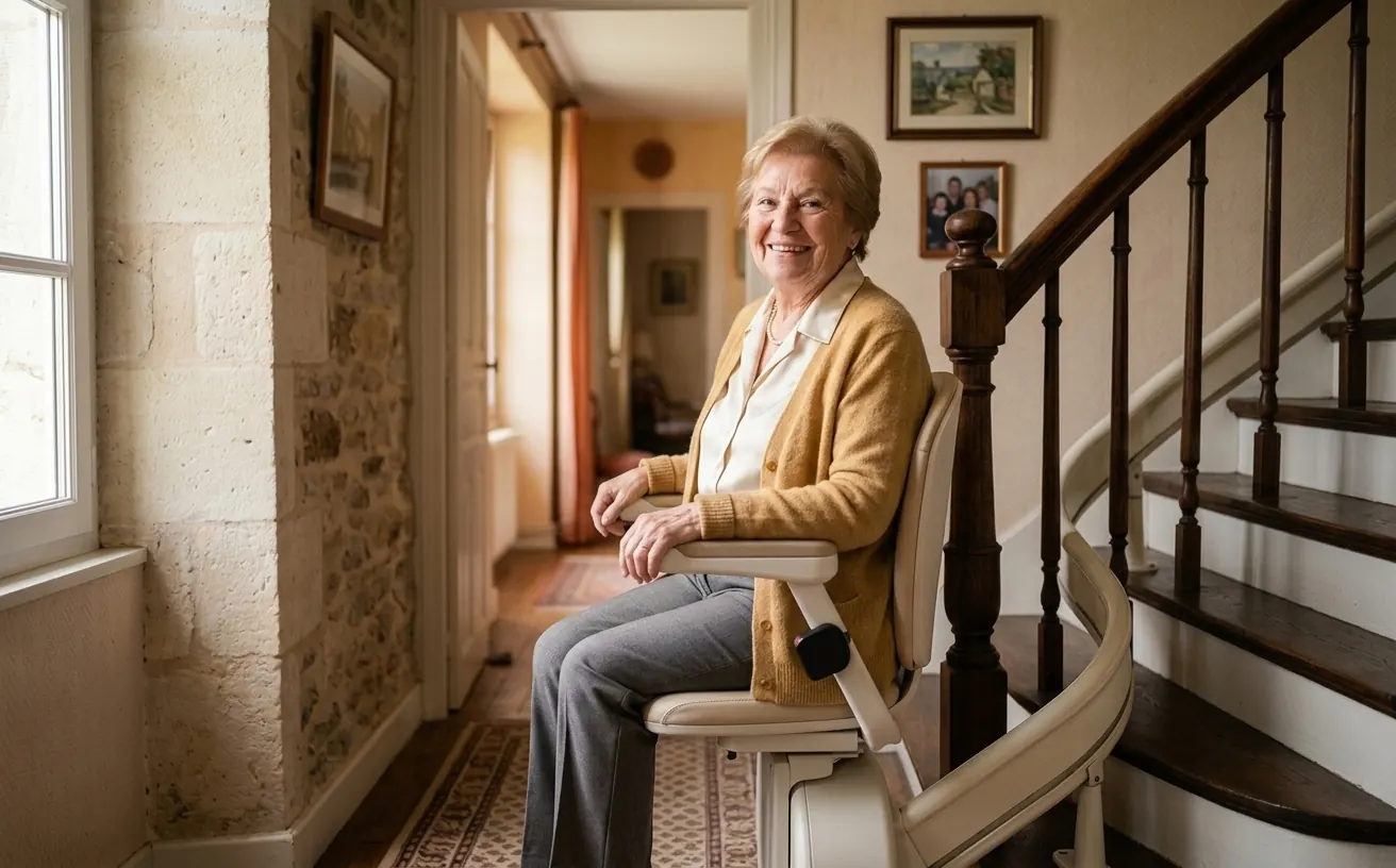Une personne utilise un monte-escalier dans son logement