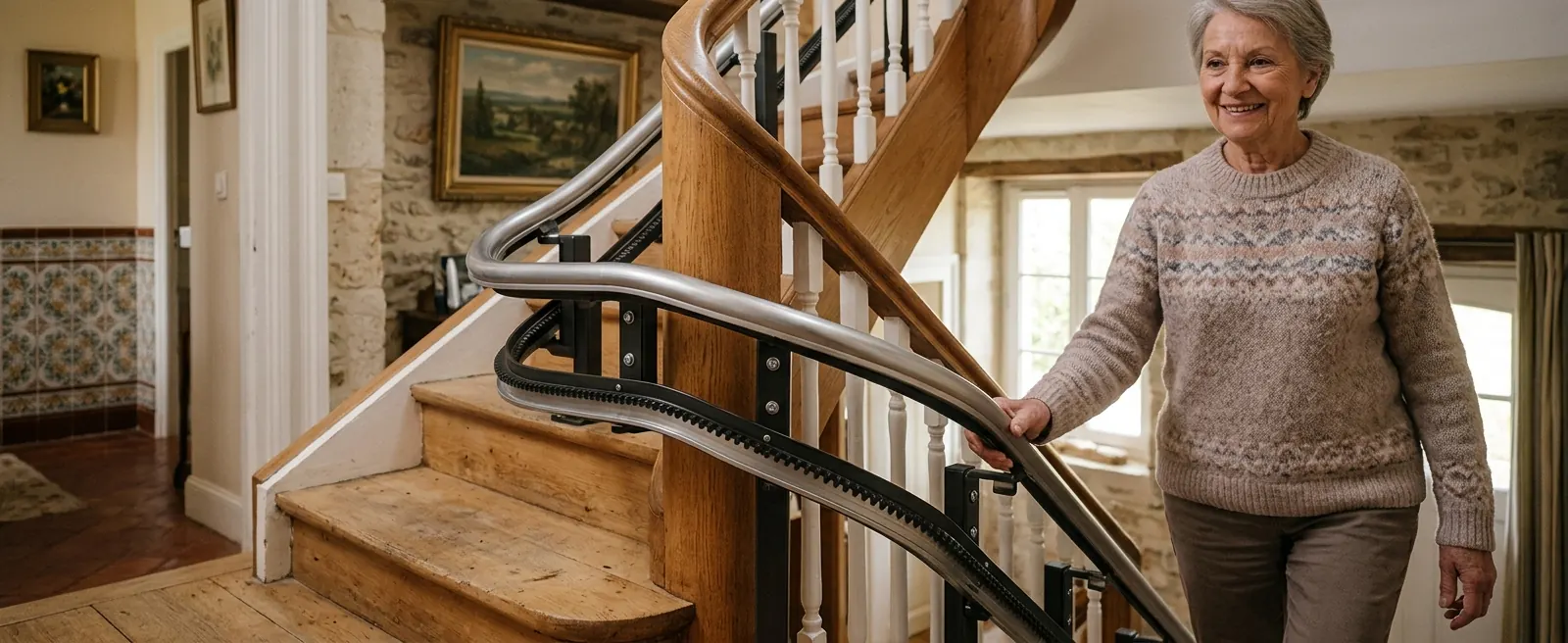 Monte-escalier installé sur un escalier tournant en bois