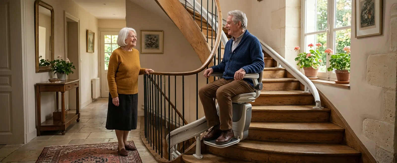 Monte-escalier sur escalier tournant, couple senior à la maison