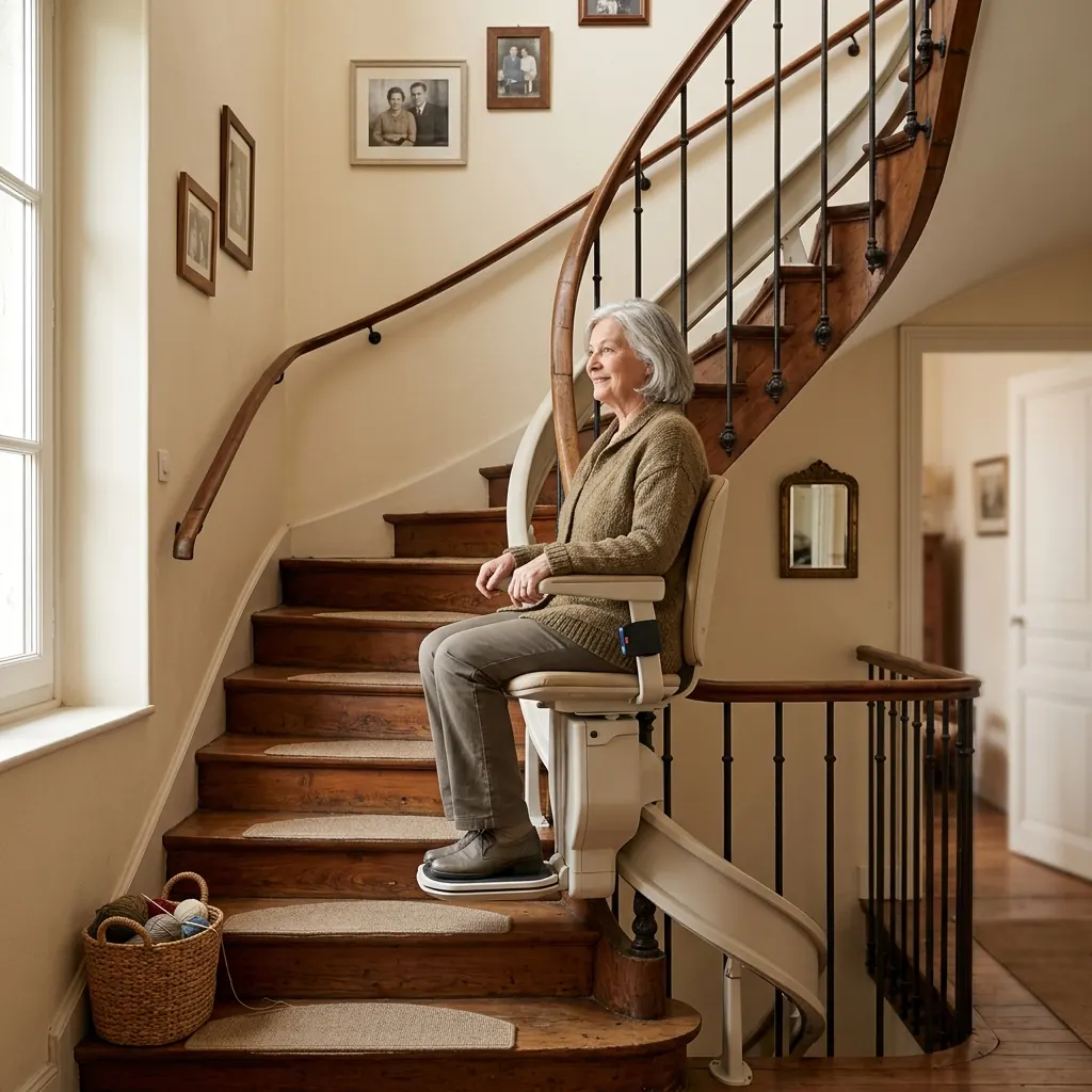Monte-escalier sur un escalier tournant en bois