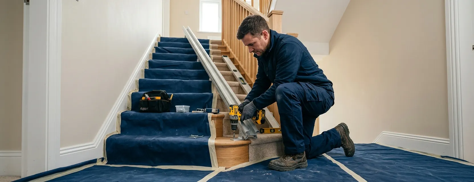 Installateur fixant le rail d’un monte-escalier sur un escalier protégé