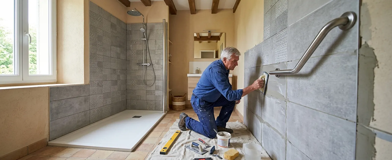 Artisan rénovant une salle de bain pour remplacer une baignoire par une douche