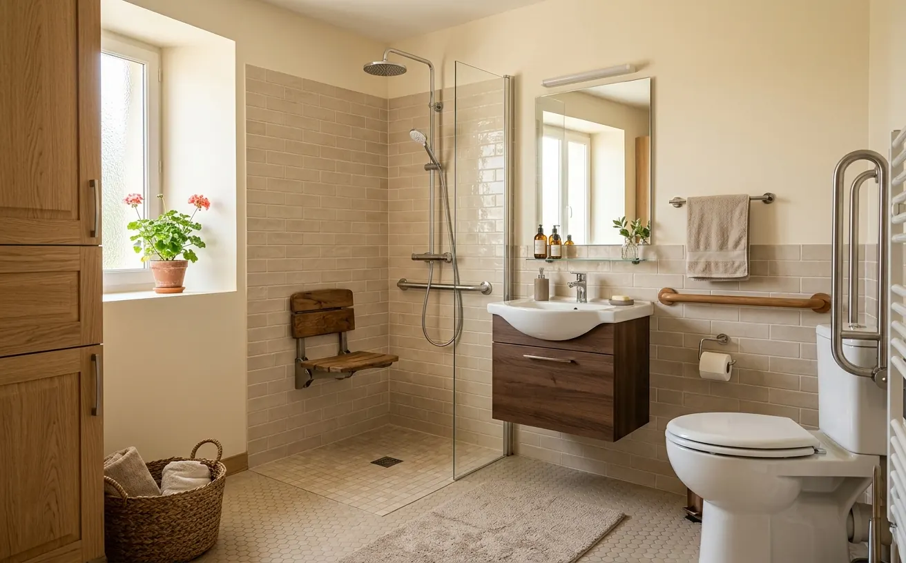 Salle de bain adaptée complète avec douche, barres et meuble accessible